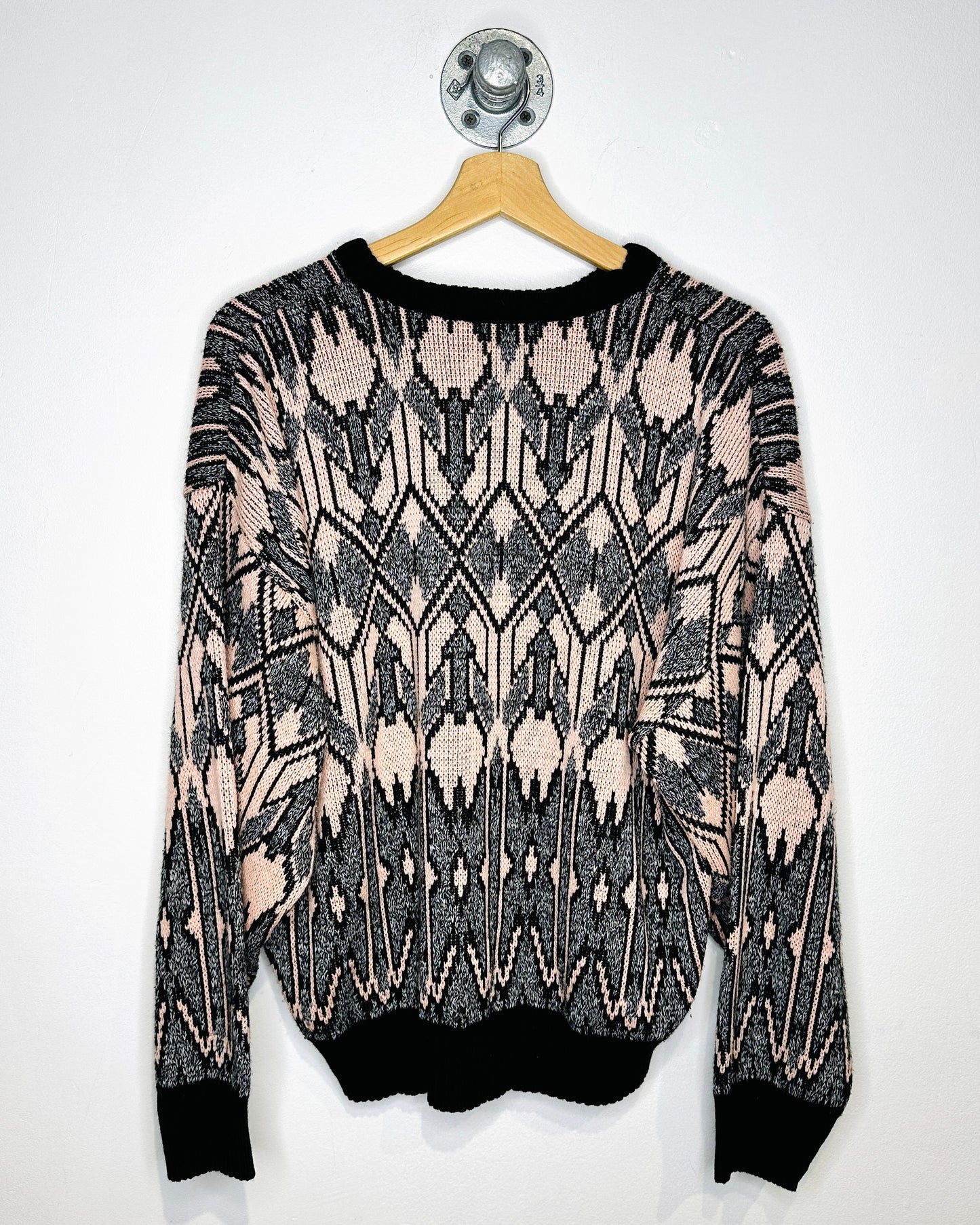 Vintage 90s Boxy Club Europe Abstract Black & Pink Knit Sweater