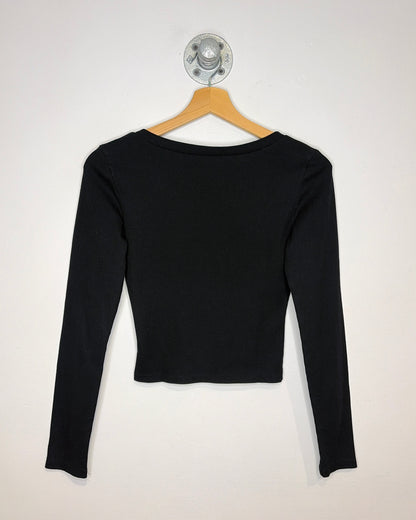 Y2K Women’s Heart Graphic Black Ribbed V-Neck Longsleeve Shirt