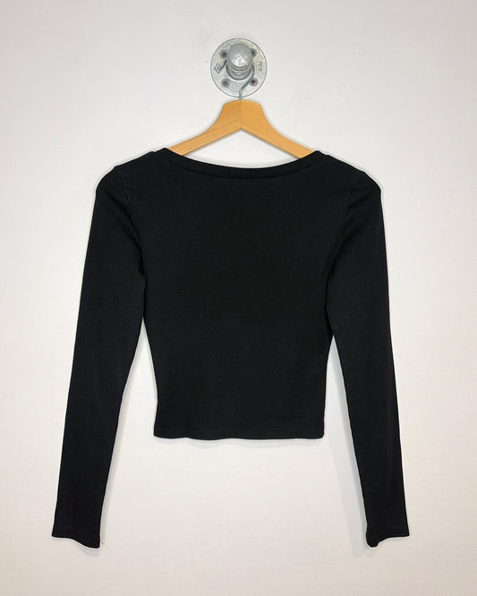 Y2K Women’s Heart Graphic Black Ribbed V-Neck Longsleeve Shirt