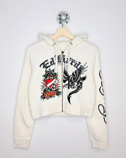 Y2K Ed Hardy White Cropped Zip Up Hoodie