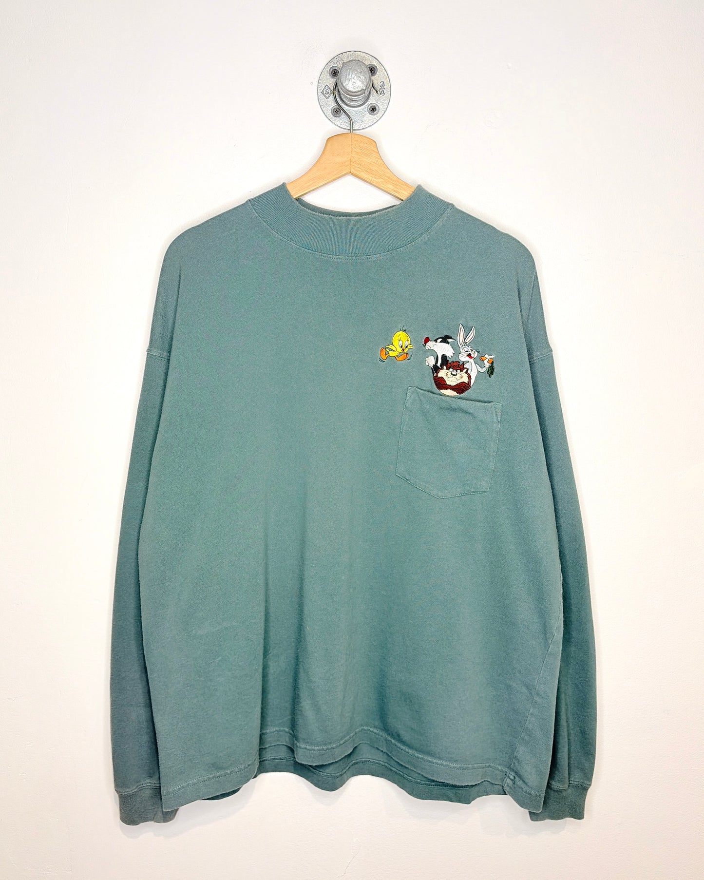 Vintage 1995 Looney Tunes Emerald Green Mock Neck Pocket Longsleeve Shirt
