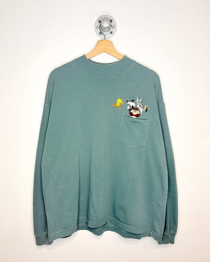 Vintage 1995 Looney Tunes Emerald Green Mock Neck Pocket Longsleeve Shirt