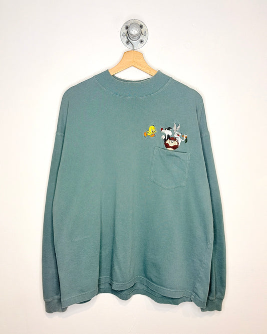 Vintage 1995 Looney Tunes Emerald Green Mock Neck Pocket Longsleeve Shirt