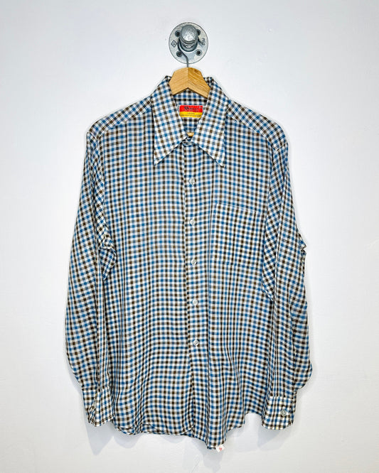 Vintage 1970s Hudson’s Bay Gingham Check Brown And Blue Button Up Shirt