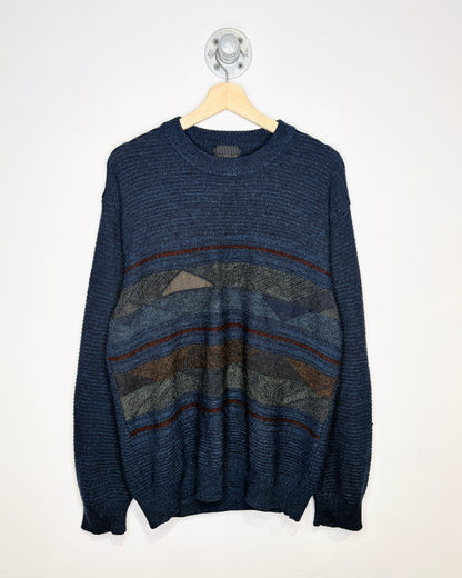 Vintage 1990s Leo Chevalier Design Navy And Burgundy Aztec Print Acrylic Sweater