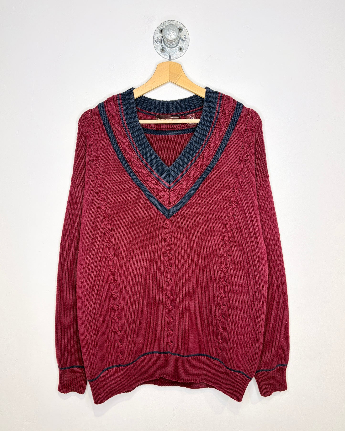 Vintage 90s John Ashford Navy & Red Cable Knit V-Neck Sweater