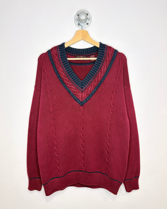 Vintage 90s John Ashford Navy & Red Cable Knit V-Neck Sweater