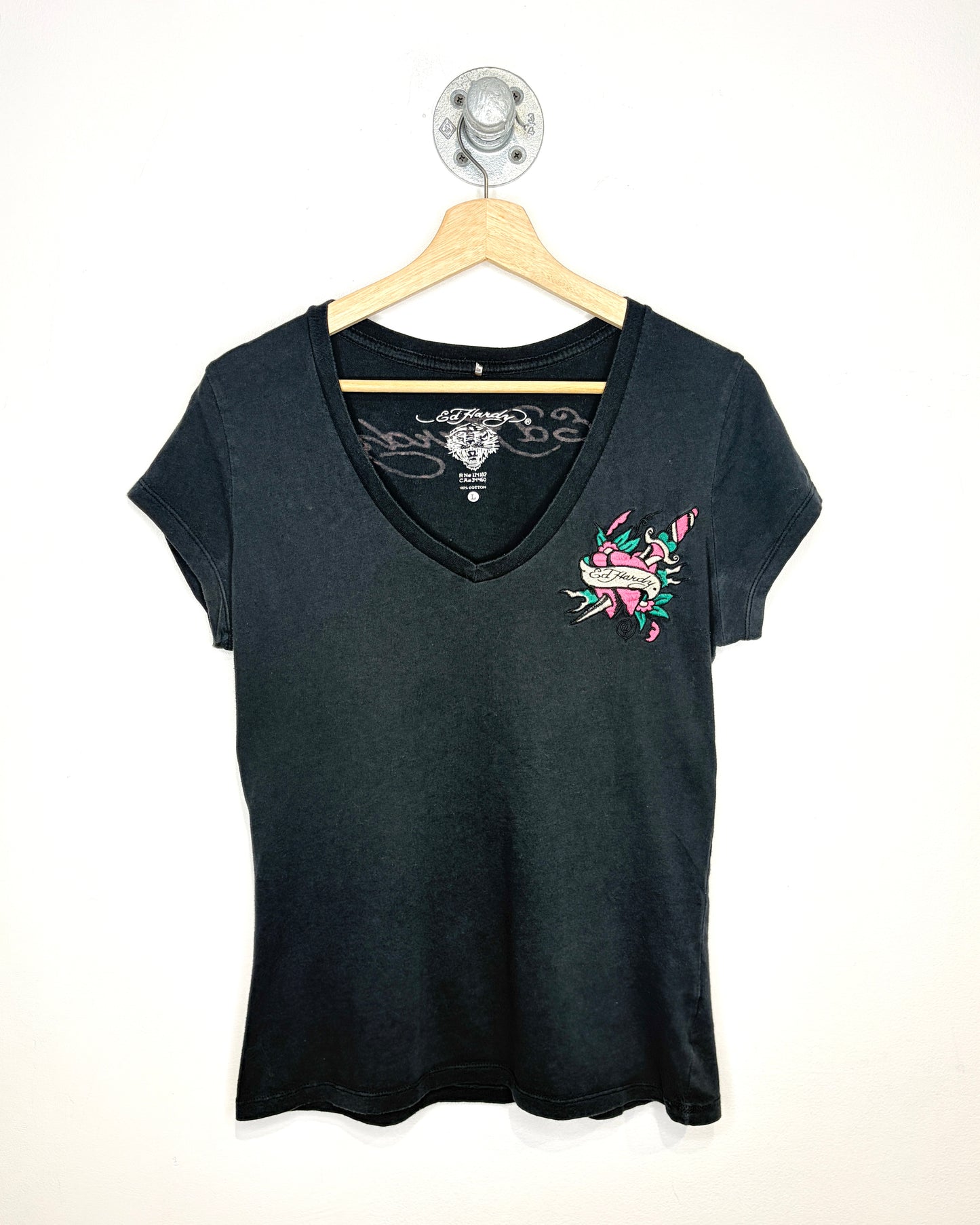 Y2K Women’s Ed Hardy Embroidered Black V-Neck Shirt