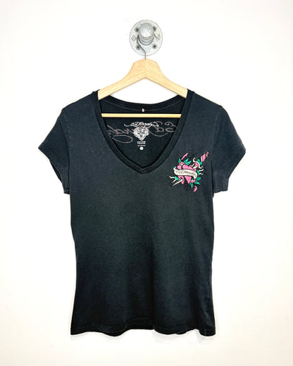 Y2K Women’s Ed Hardy Embroidered Black V-Neck Shirt