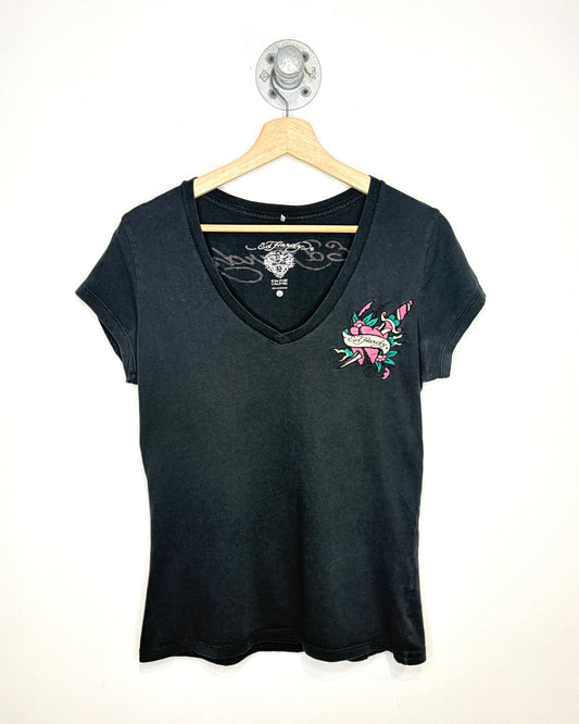 Y2K Women’s Ed Hardy Embroidered Black V-Neck Shirt