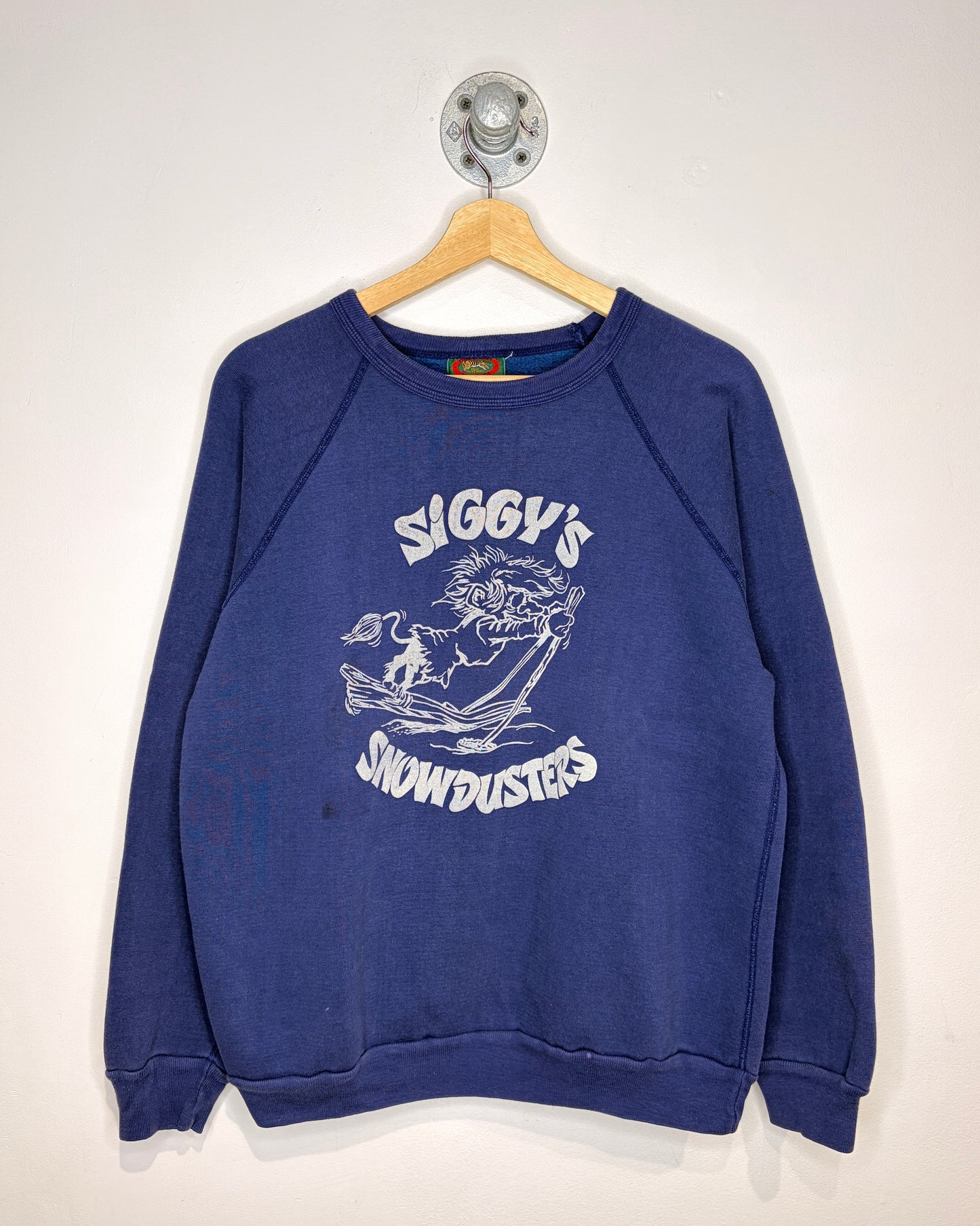 Vintage 80s Siggy’s Snowdusters Ski Faded Blue Raglan Crewneck Sweatshirt