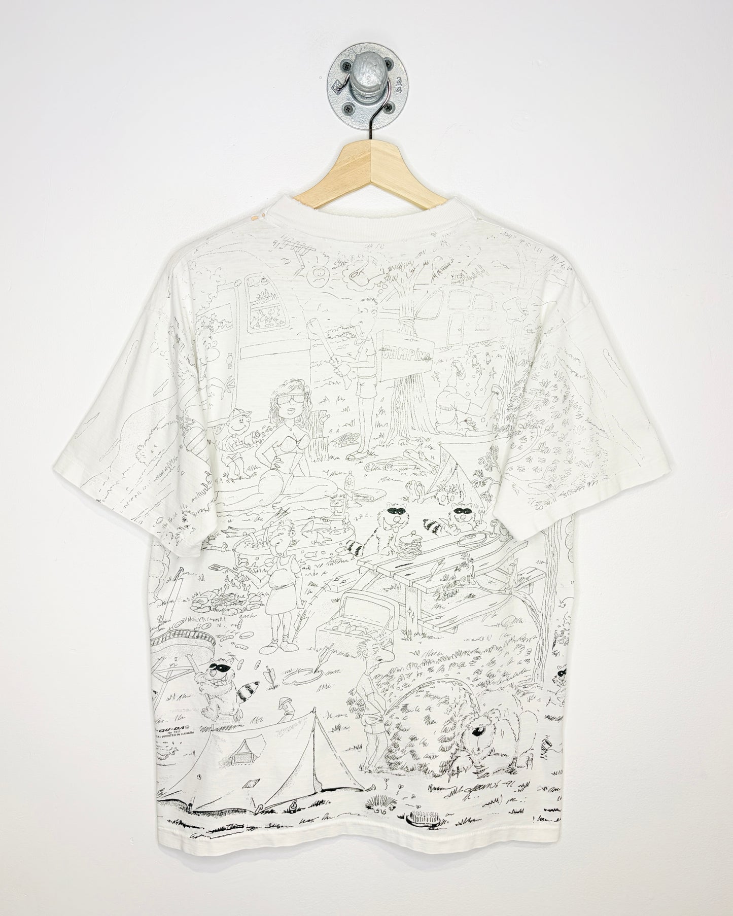 Vintage 90s Bara-Qu-Da Camping All Over Print White Tee Shirt