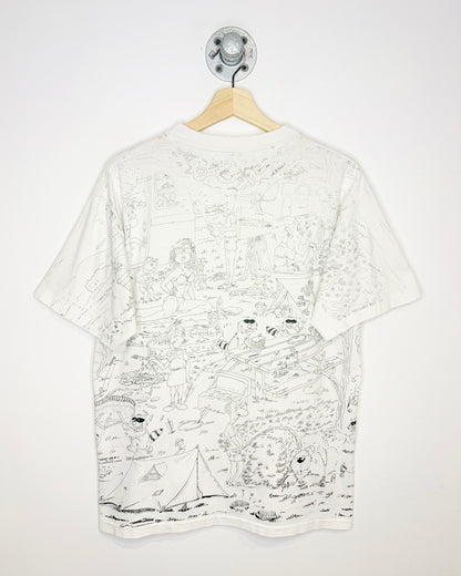 Vintage 90s Bara-Qu-Da Camping All Over Print White Tee Shirt