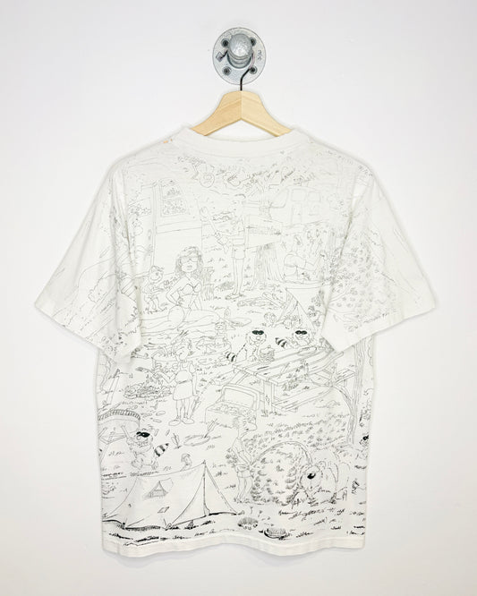 Vintage 90s Bara-Qu-Da Camping All Over Print White Tee Shirt