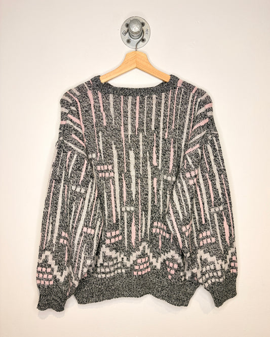 Vintage 90s Boxy Abstract Pattern Grey Knit Sweater