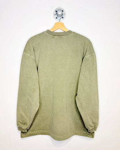 Vintage 1990s Faded Olive Green Henley Crewneck Sweatshirt