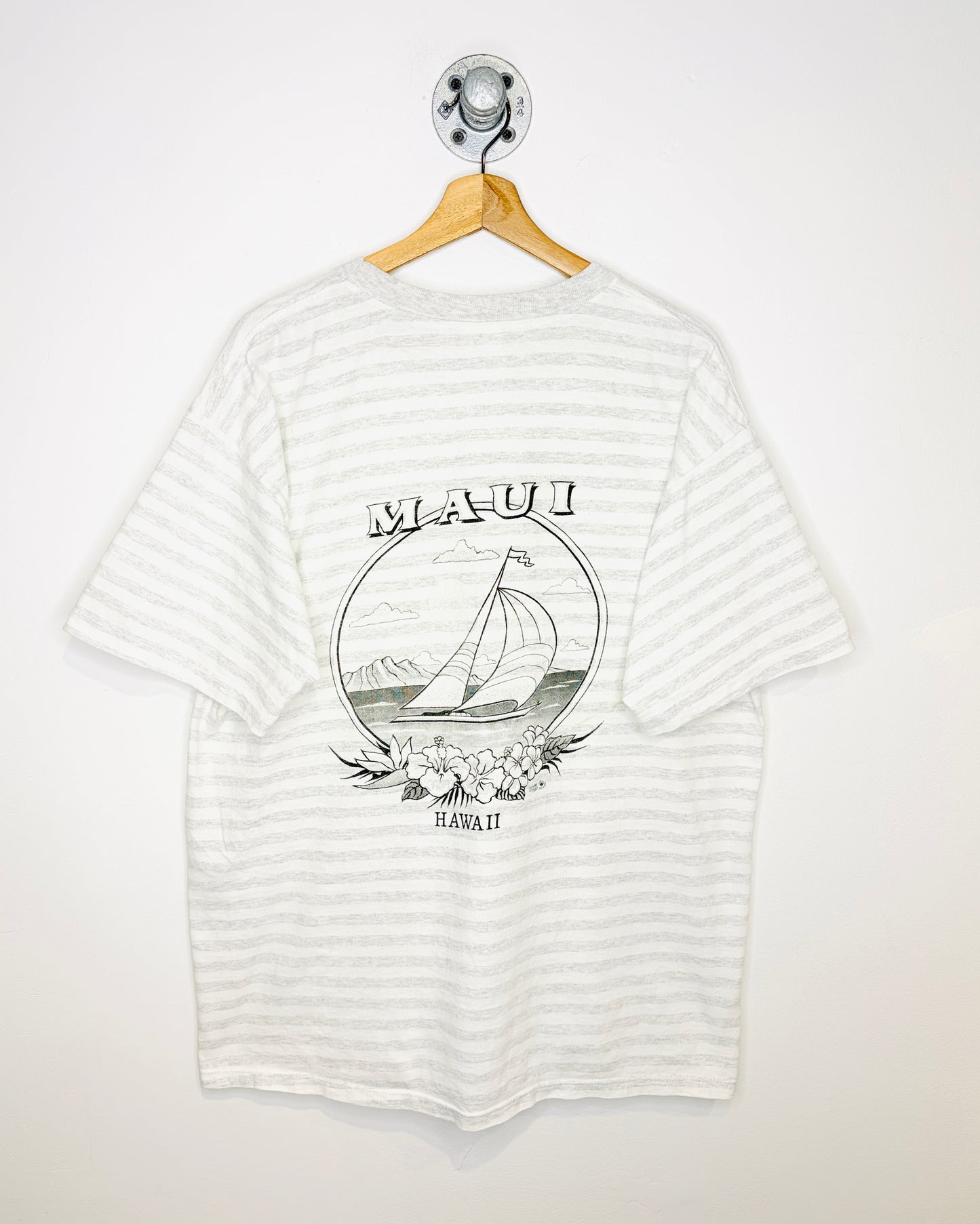 Vintage 90s Maui Hawaii Grey & White Striped Tee Shirt