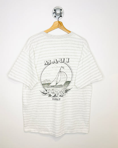 Vintage 90s Maui Hawaii Grey & White Striped Tee Shirt