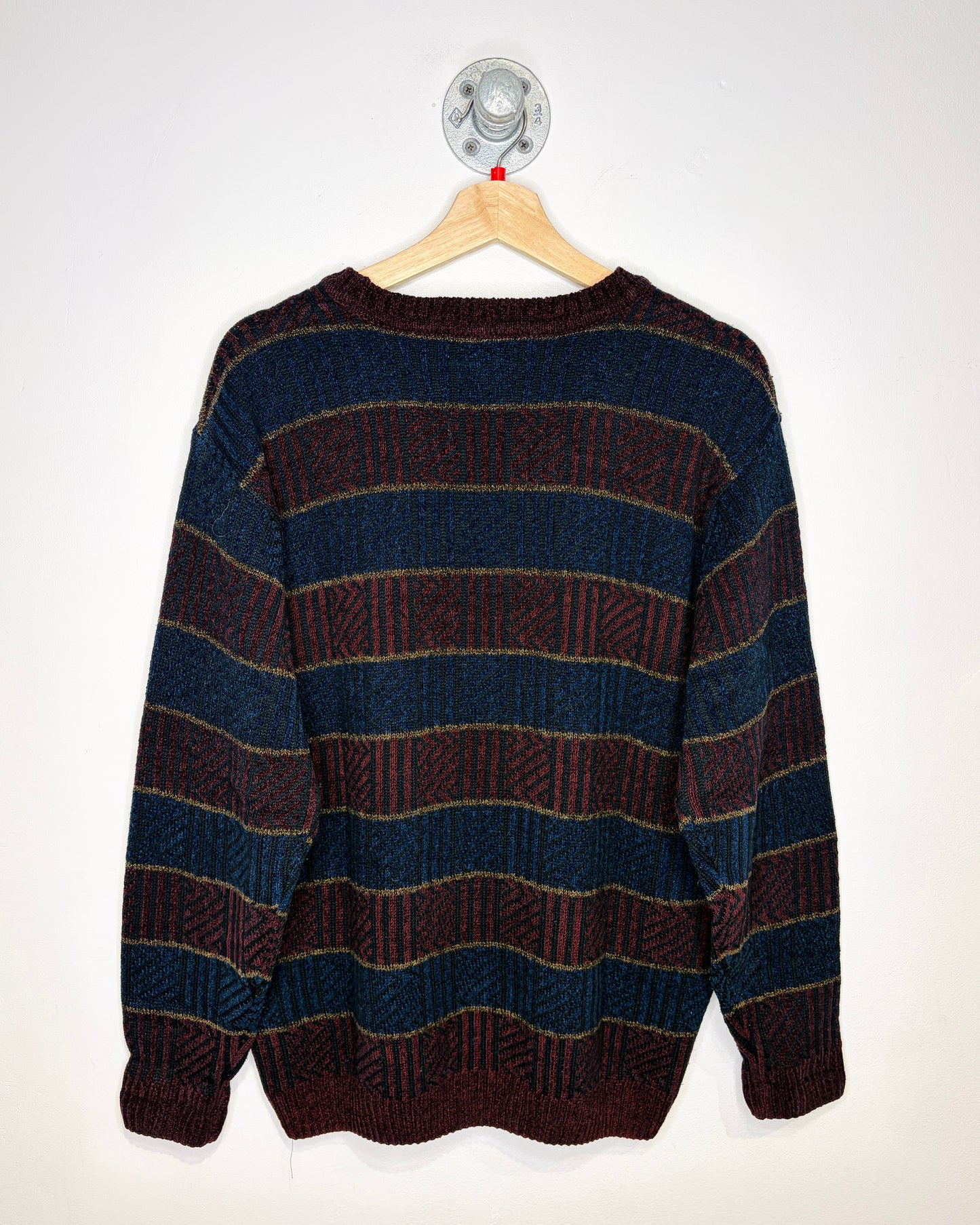 Vintage 1990s Bill Blass Iconic Burgundy And Navy Acrylic Sweater