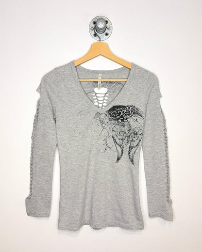 Y2K Women's Affliction Style Grey V-Neck Longsleeve Shirt