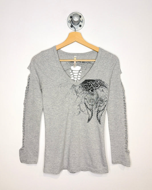 Y2K Women's Affliction Style Grey V-Neck Longsleeve Shirt