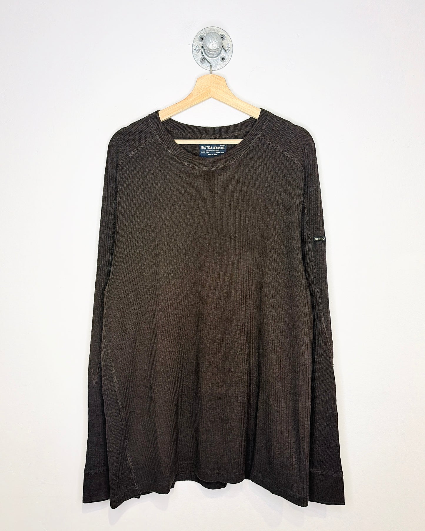 Nautica 2010s Brown Ribbed Long Sleeve Cotton Shirt
