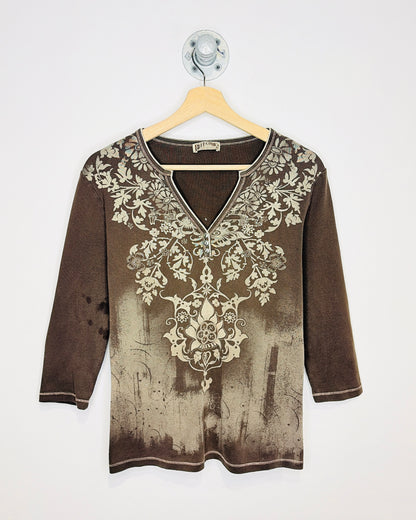 Vintage Y2K Women's Blue Canyon Clothing Faded Brown Henley Longsleeve Shirt