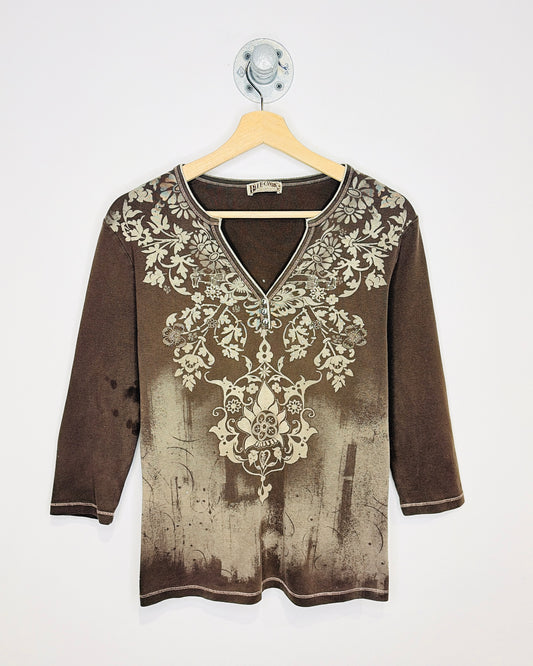 Vintage Y2K Women's Blue Canyon Clothing Faded Brown Henley Longsleeve Shirt