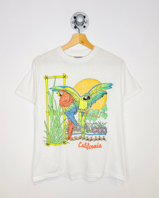 Vintage 80s California Parrots Paper Thin White Tee Shirt