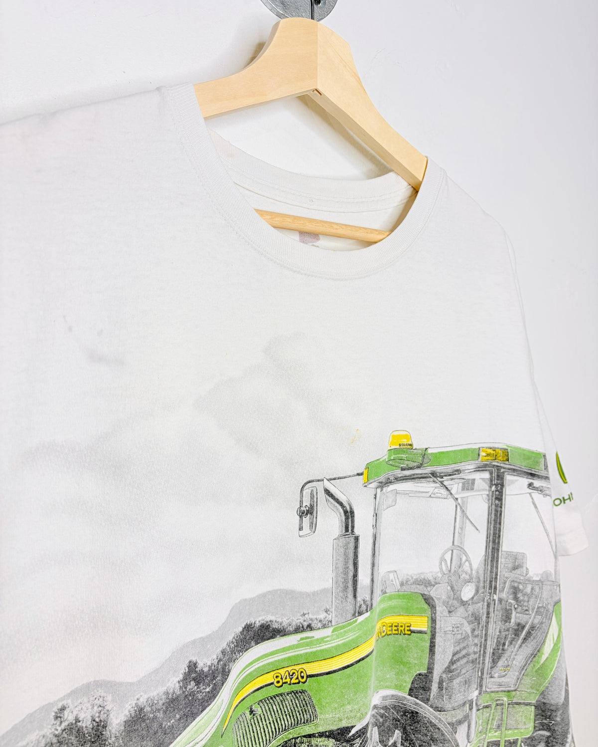 Vintage 2000s John Deere All-Over-Print Tractor White Tee Shirt
