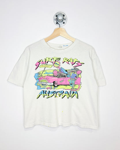 Vintage 90s Surf Rats Australia Boxy & Cropped Fit White Tee Shirt