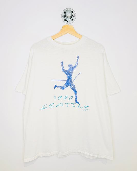 Vintage 1990 Seattle Finish Line Graphic White Tee Shirt