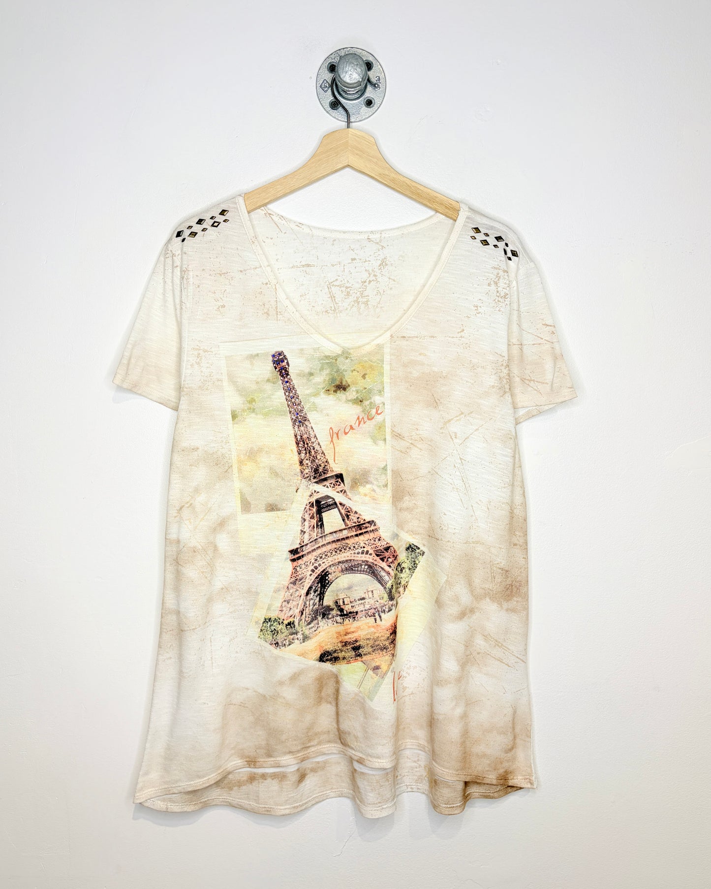 Vintage Women’s Y2K Paris France AOP White V-Neck Shirt