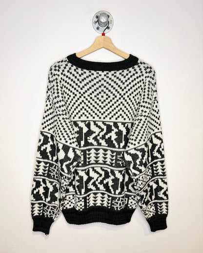 Vintage Late 1980s Abstract Printed Acrylic Black And White Sweater