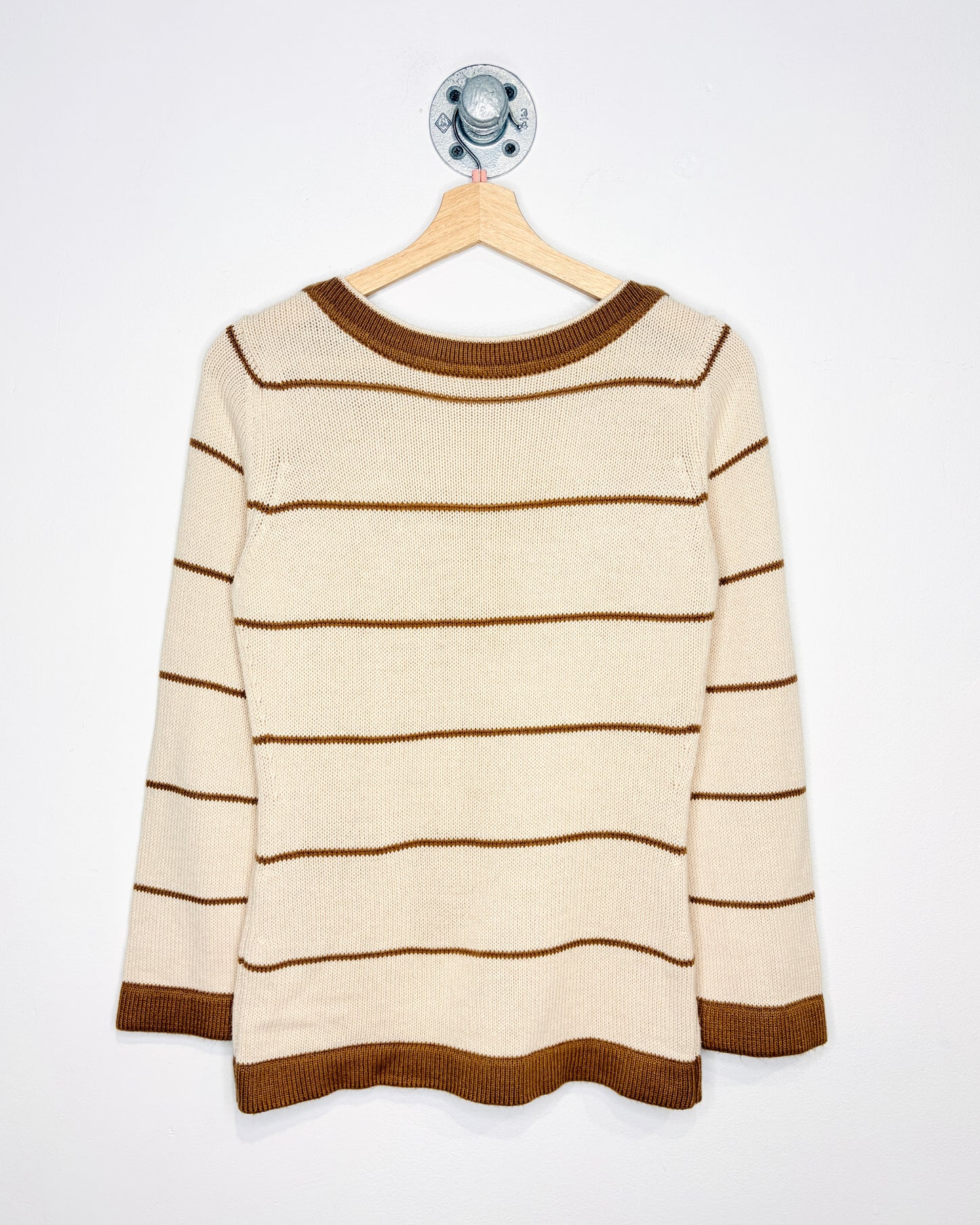 Vintage 1970s Beige And Brown Striped Acrylic Boat Neck Sweater