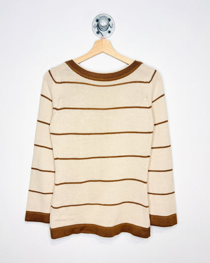 Vintage 1970s Beige And Brown Striped Acrylic Boat Neck Sweater
