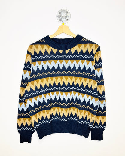 Vintage 1980’s Made In Romania Acrylic Blue And Brown Aztec Sweater