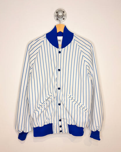 Vintage 90s DeLong Pinstriped White & Blue Varsity Jacket