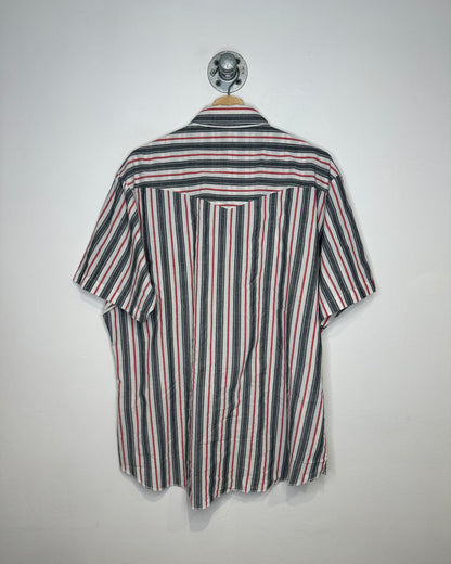 2000s Wrangler Red and Grey Striped Short Sleeve Snap Button Shirt