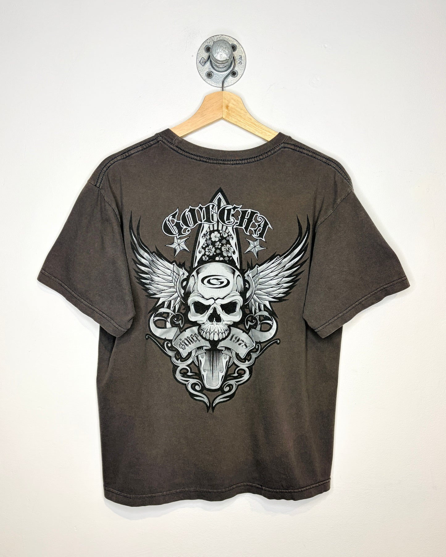 Vintage 2000s Gotcha Affliction Style Tattoo Faded Black Tee Shirt
