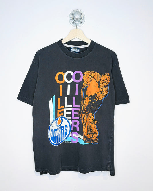 Vintage 1990 Edmonton Oilers Softwear Athletics Faded Black Tee Shirt