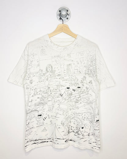 Vintage 90s Bara-Qu-Da Camping All Over Print White Tee Shirt