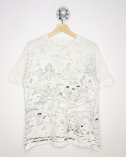 Vintage 90s Bara-Qu-Da Camping All Over Print White Tee Shirt