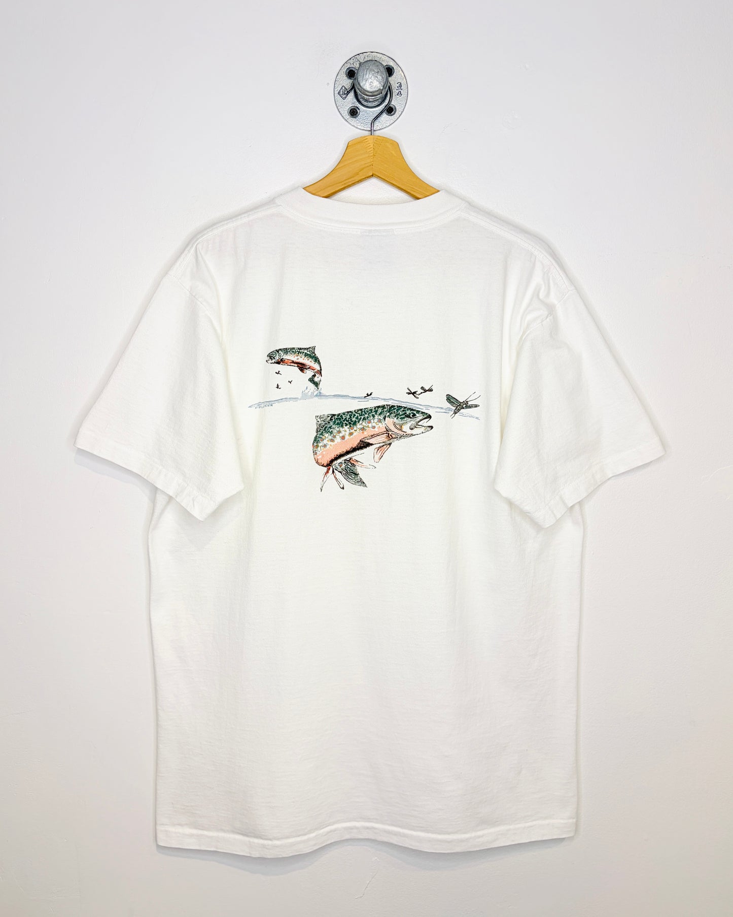 Vintage 90s Trout Fish White Pocket Tee Shirt