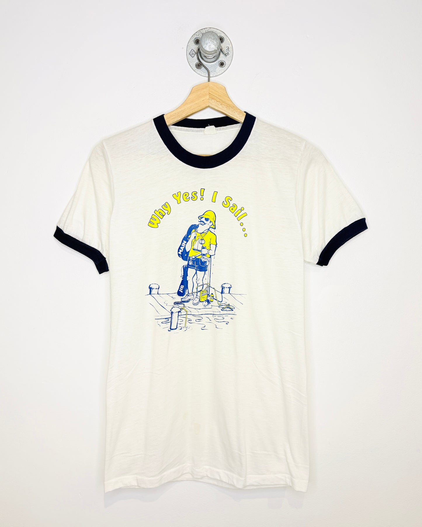 Vintage 1980 Why Yes! I Sail… White & Navy Ringer Tee Shirt