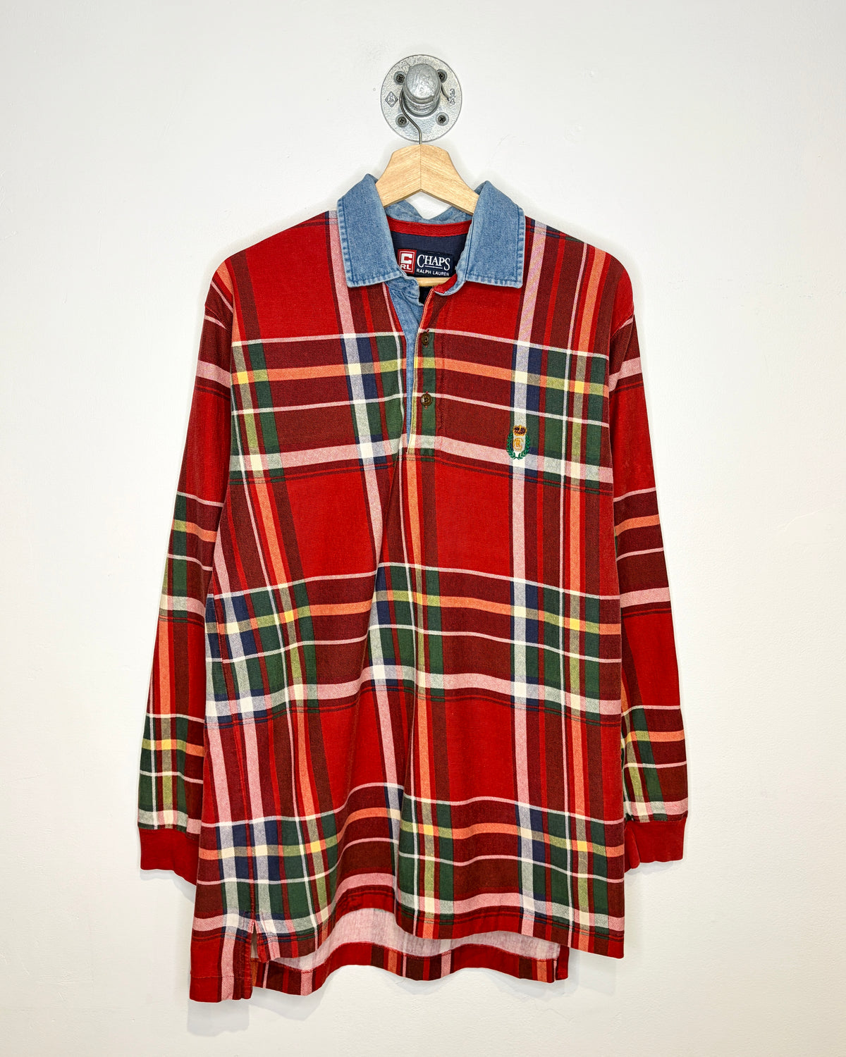 Vintage 2000s Chaps Ralph Lauren Plaid Denim Collar Longsleeve Polo Shirt