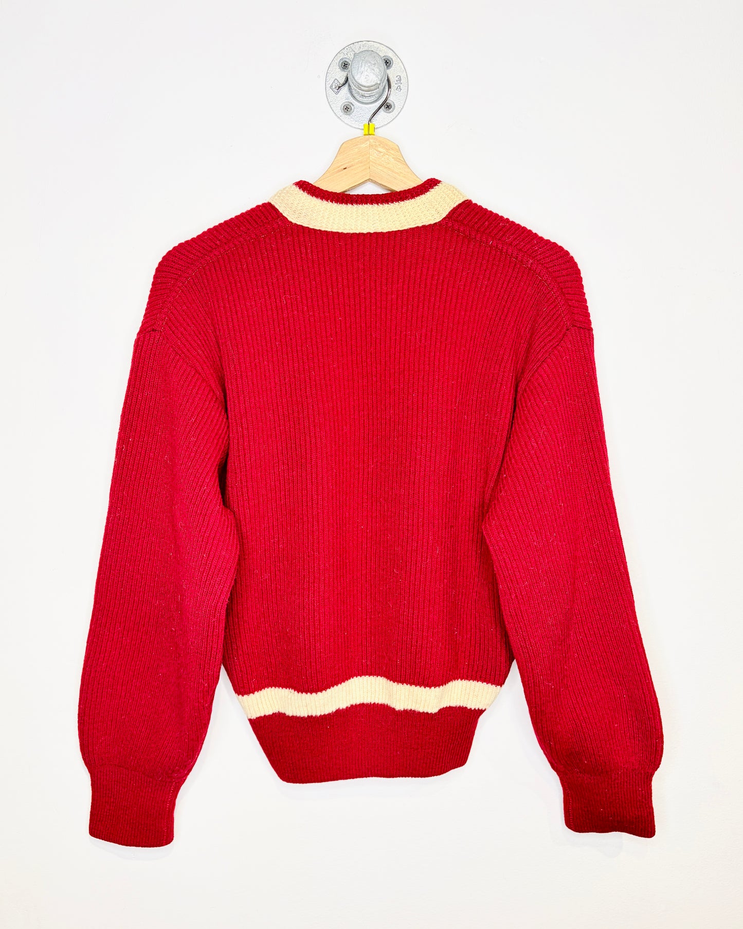 Vintage 1960s V Neck Red And White Trim Wool Sweater