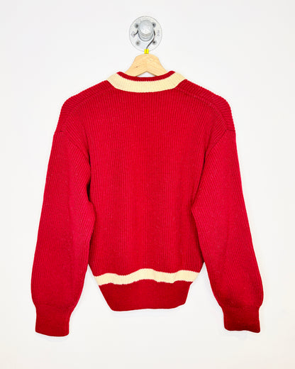 Vintage 1960s V Neck Red And White Trim Wool Sweater