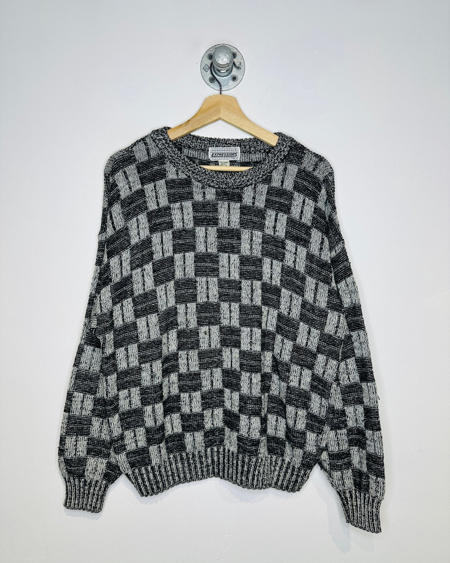 Vintage 1980s Expressions Square Patterned Grey And Black Acrylic Sweater