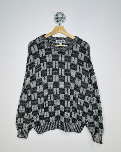 Vintage 1980s Expressions Square Patterned Grey And Black Acrylic Sweater